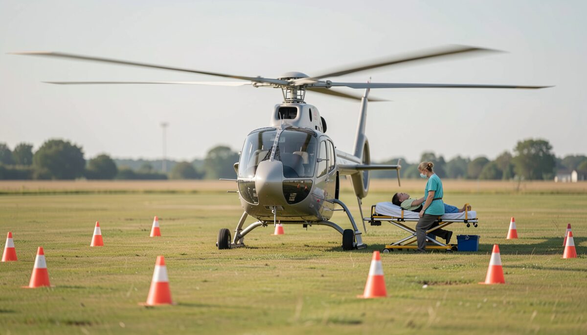 A landing zone marked with cones on a grassy field where a helicopter is touching down while a patient on a stretcher is being prepared.