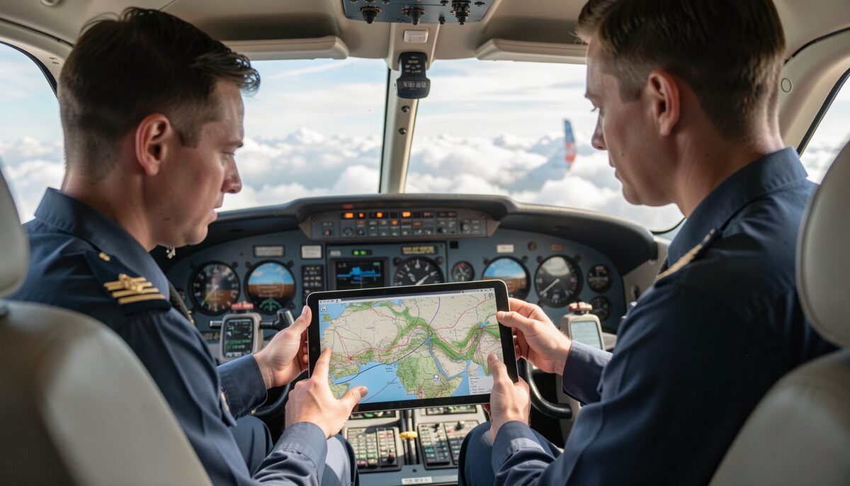 A pilot and a flight nurse looking at a weather map on a tablet inside a small aircraft cockpit with clouds visible through the windshield.