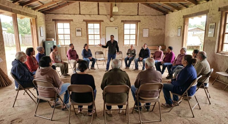 A community meeting in a rural hall, a circle of residents talking on folding chairs while a facilitator gestures