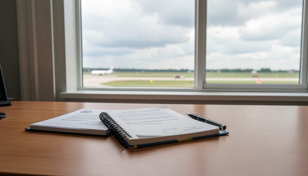 A desk with a printed advisory circular, a notebook, and a pen, with a window view of a cloudy sky and a distant airstrip.