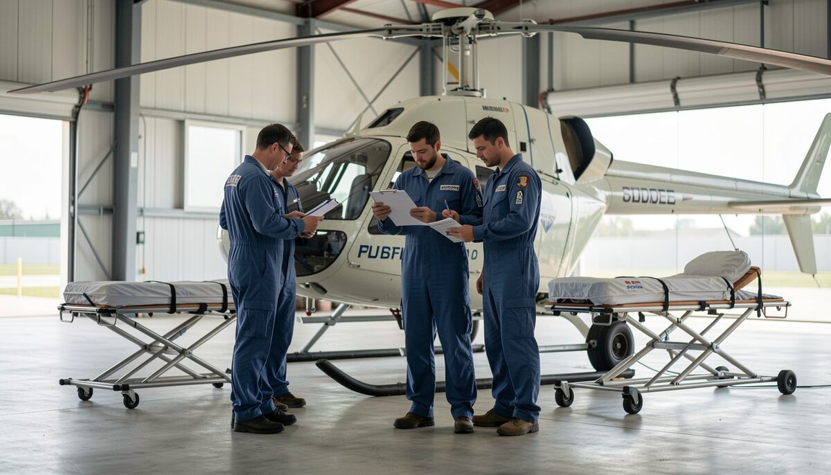 A medical crew in flight suits reviewing a checklist inside a hangar next to a helicopter with a stretcher nearby.