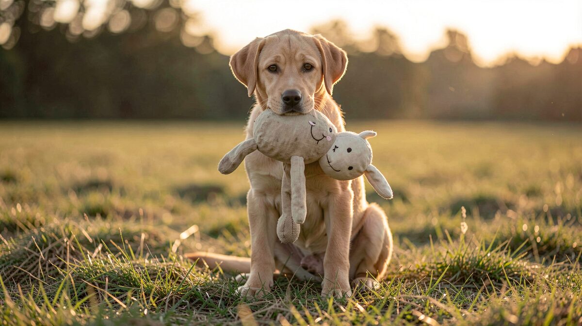 A young labrador sitting on mown grass at dawn, holding a canvas dummy softly in its mouth, framed low at eye level with warm side light.