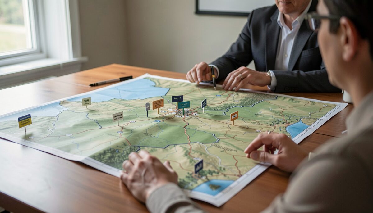 A policy analyst reviewing a map of rural regions with markers for clinics and airstrips on a large table.