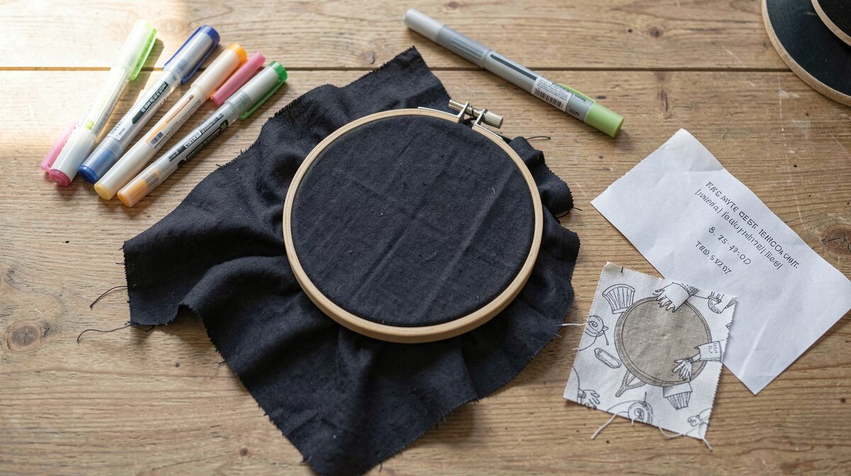 A well-lit home craft table with fabric stretched in a hoop, fabric pens, and transfer paper, photographed from above in soft daylight.
