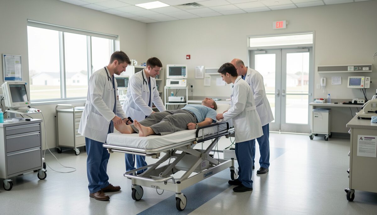 A small group of medical trainees in a simulation lab practicing a patient transfer onto a mock aircraft stretcher.