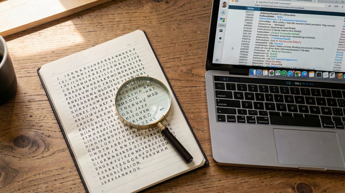 A wooden desk in daylight with an open notebook, a magnifying glass resting on a printed list of letters, and a laptop showing text records, framed from above.