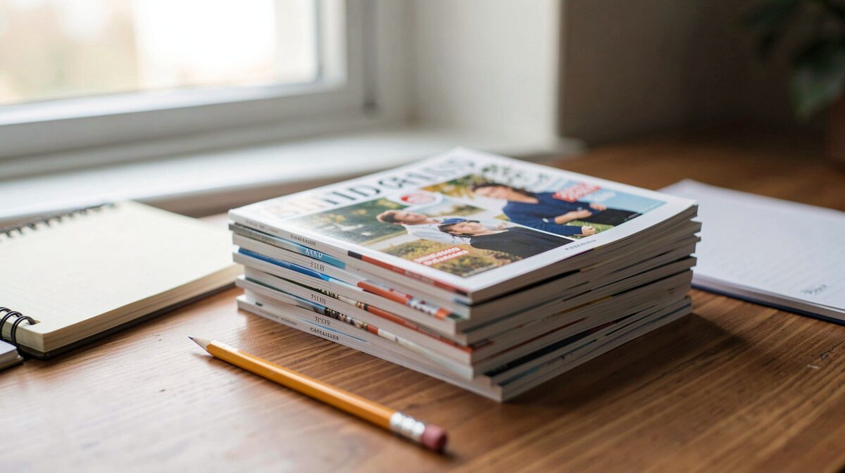 A stack of small independent magazines on a wooden desk beside a notebook and pencil, lit by soft morning window light, close-up framing.