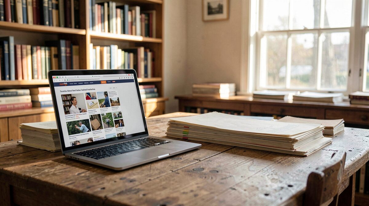 An archive reading room in afternoon light, with an open laptop showing web archive pages beside stacked paper folders on a wooden table.