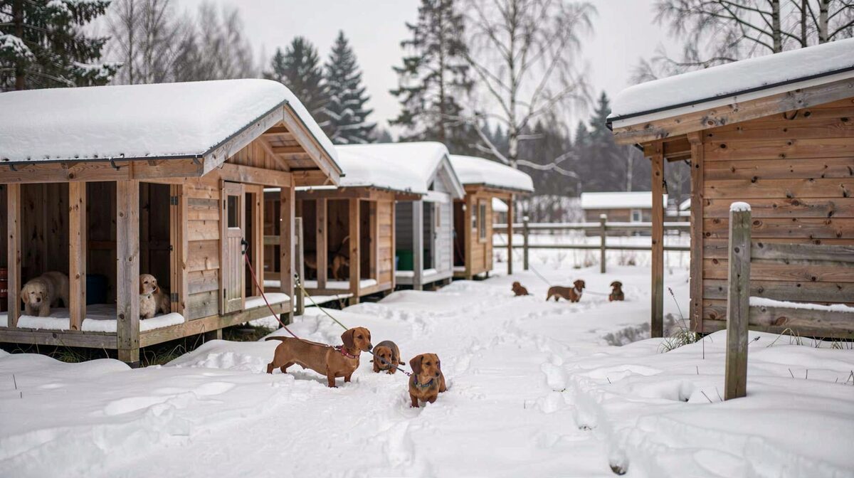 A Swedish countryside kennel yard in winter, low wooden dog kennels with fresh snow, dachshunds on leads, soft overcast morning light, wide documentary framing.