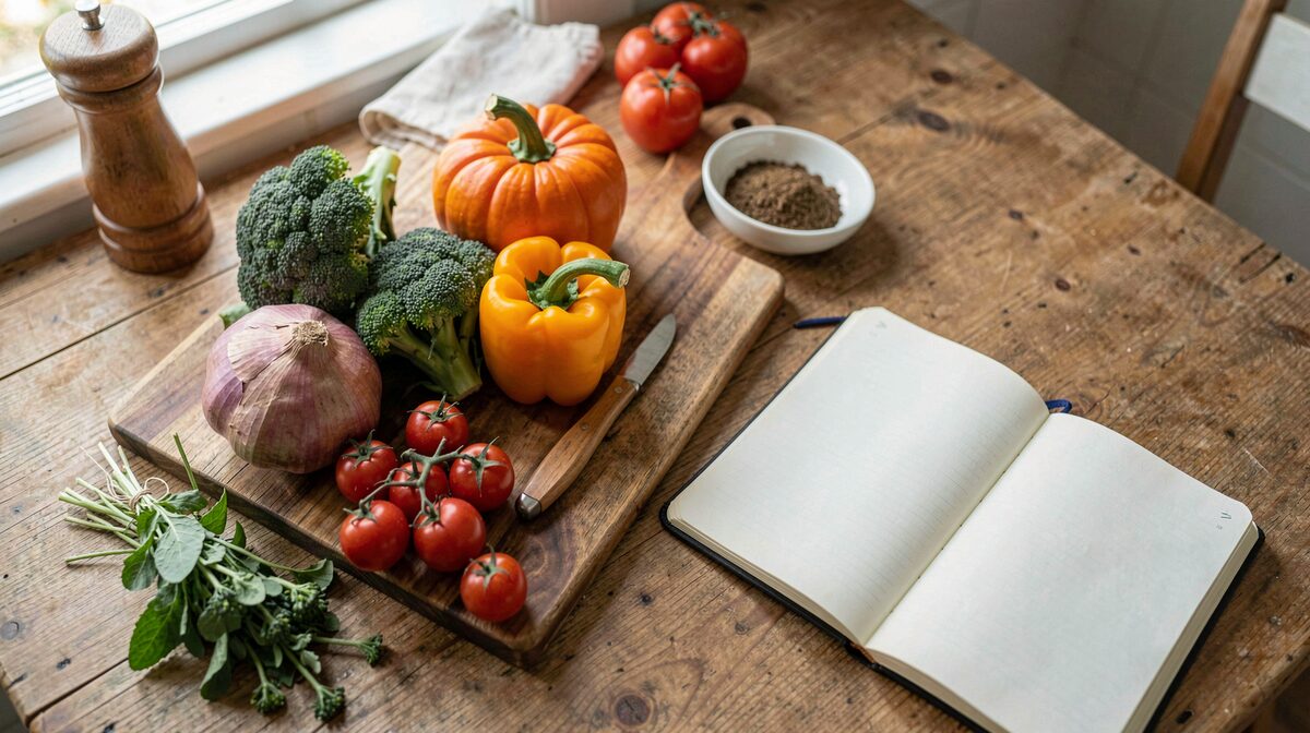 A home kitchen table in soft morning light with seasonal vegetables, a cutting board, and an open notebook, framed as a still life from above.