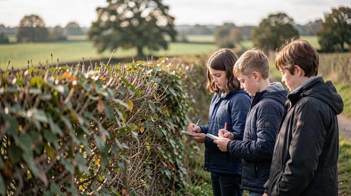 A family standing at the edge of a hedgerow on a footpath in the English countryside, one person writing notes in a small notebook, soft morning light, medium shot.