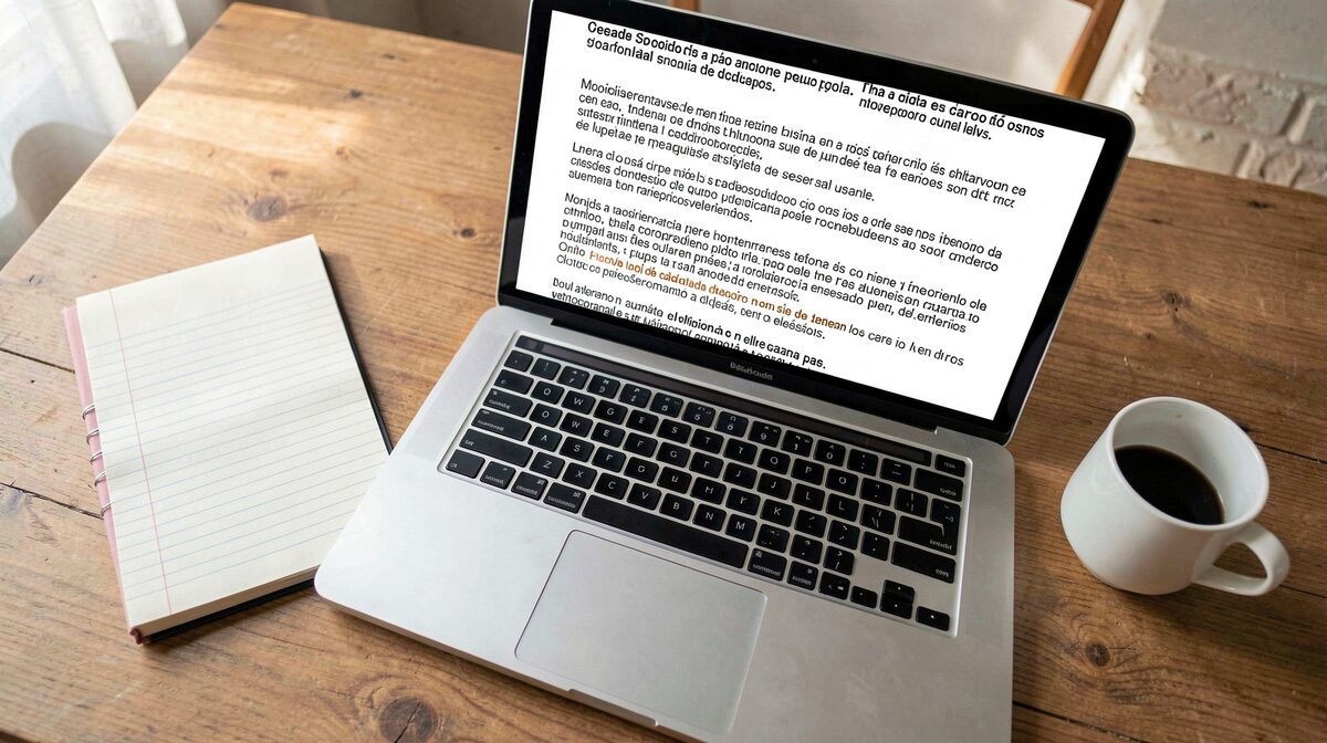A desk with an open laptop showing a Spanish-language guide page, a notebook and coffee cup beside it, in soft morning window light, framed as a close overhead shot.