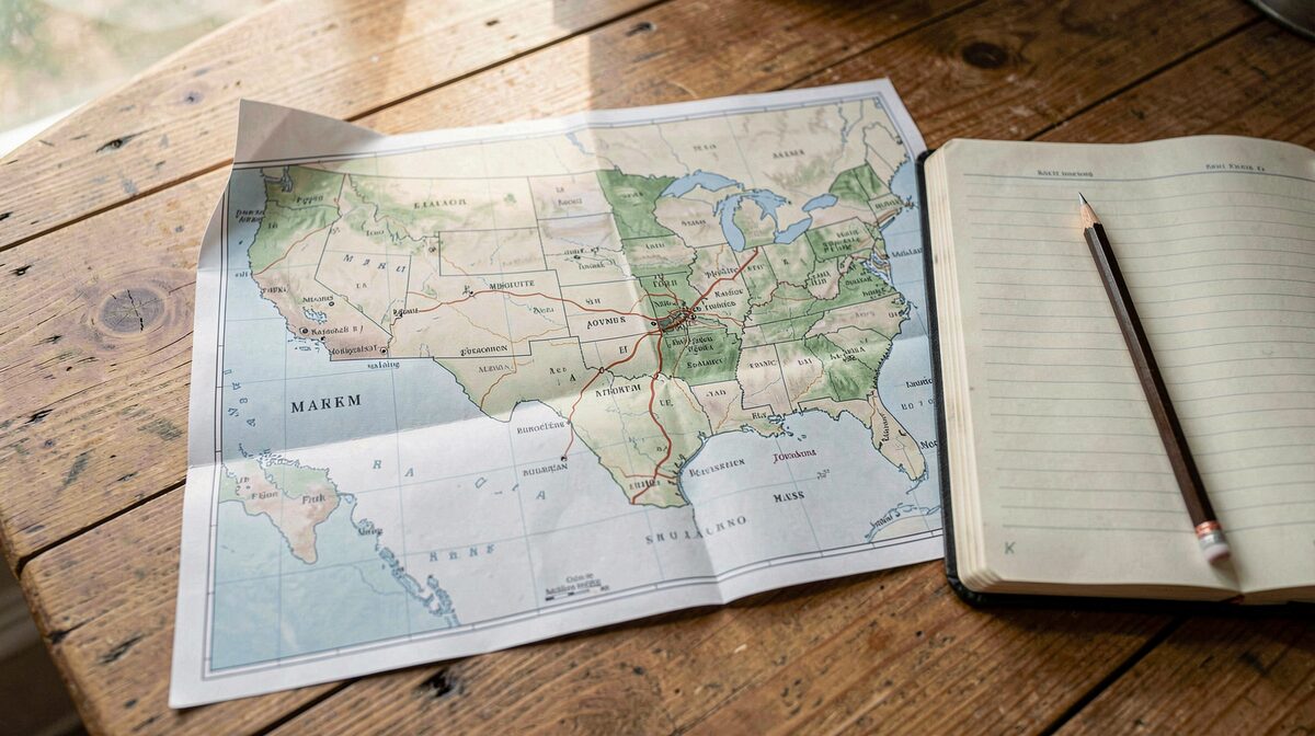 A paper farm map spread on a wooden table beside a notebook and pencil, with morning light from a window across the page.
