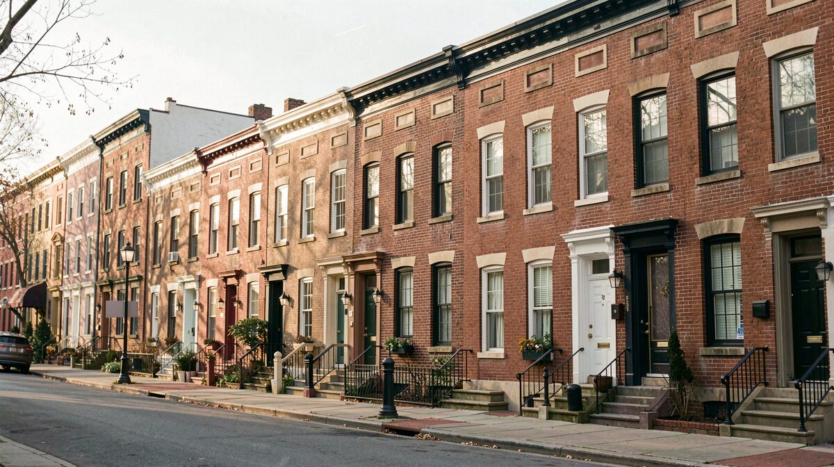 A row of historic brick rowhouses on a Philadelphia street in soft morning light, shot from street level with a wide frame.