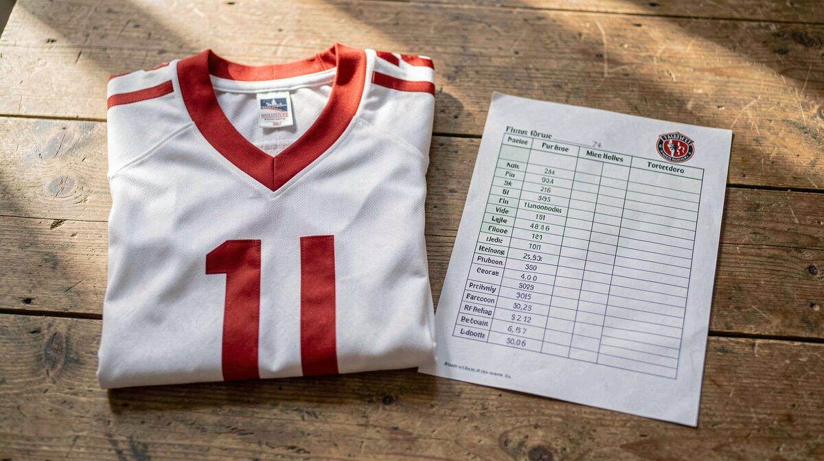 A neatly folded football jersey on a wooden table beside a printed checklist, lit by soft morning window light, shot from directly above.