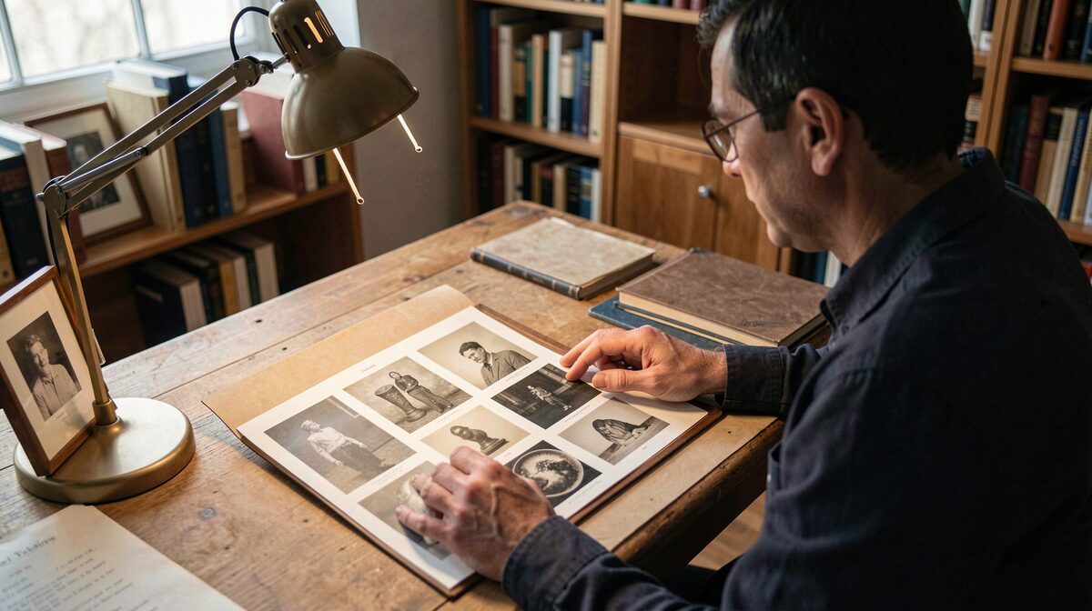 A researcher at a library table examining printed archival photographs of museum objects under a desk lamp, framed from above in soft daylight.